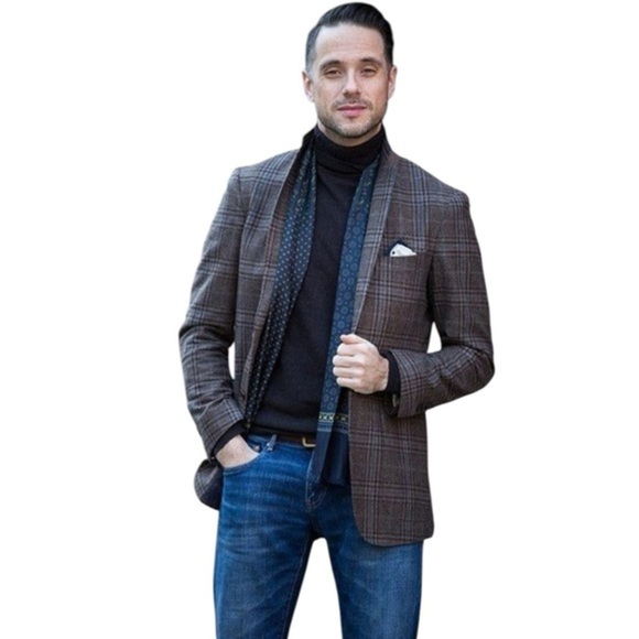 Bill Blass Parisian Gray Plaid Camel Hair Sport Coat Size 44 R Two Button Blazer